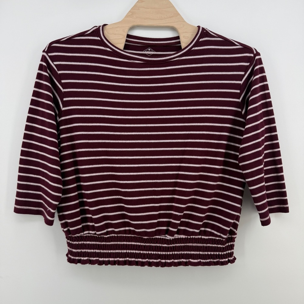 St Johns Bay Womens XXL Burgundy White Striped Smocked Hem 3/4 Sleeve Knit Top